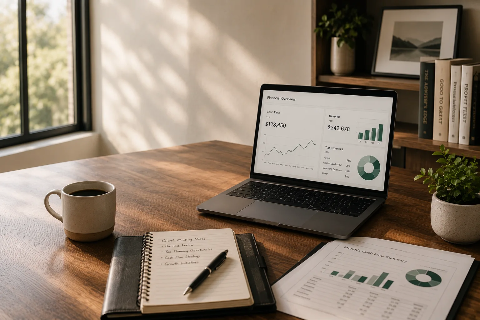 A warm, organized workspace prepared for business planning and financial review